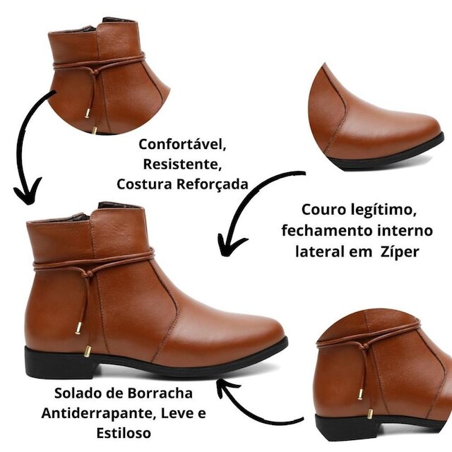 Bota Feminina em Couro Cano Curto com Detalhe em Metal Caramelo