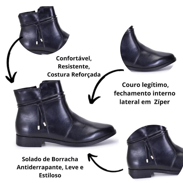 Bota Feminina em Couro com Zíper Lateral e Salto Confortável Preto