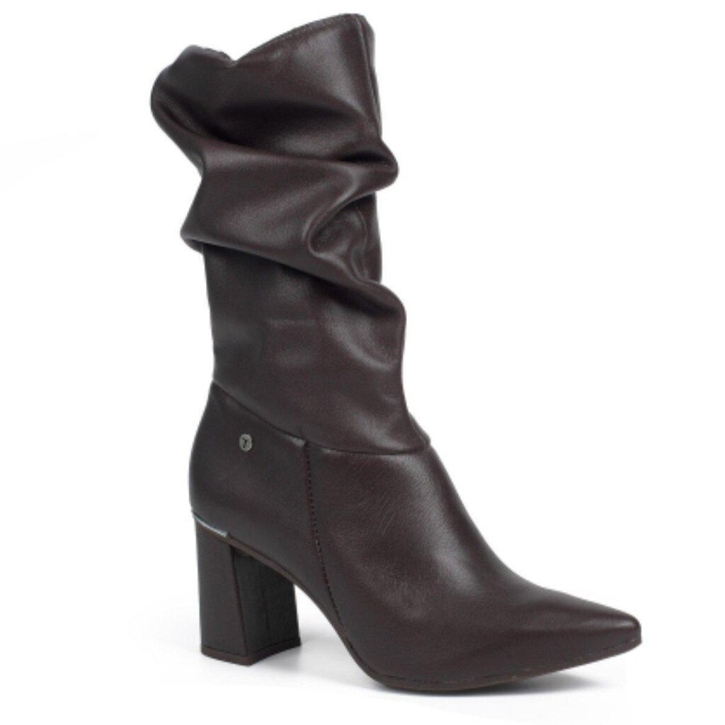 Bota Feminina Em Couro Slouchy Salto Tanara - Café