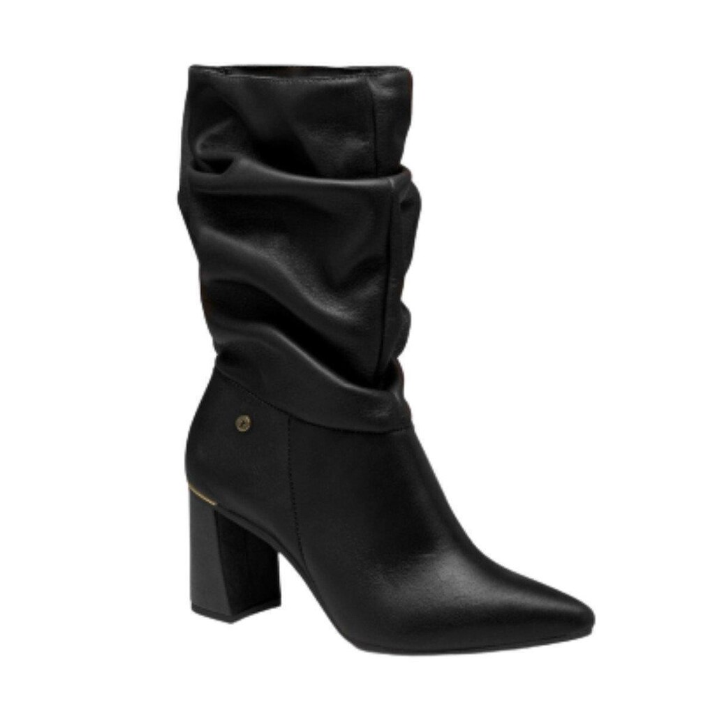Bota Feminina Em Couro Slouchy Salto Tanara - Preto