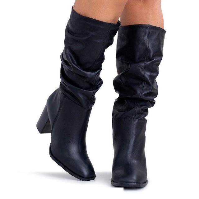 Bota Feminina Lia Line Cano Longo Couro Preta - 2307