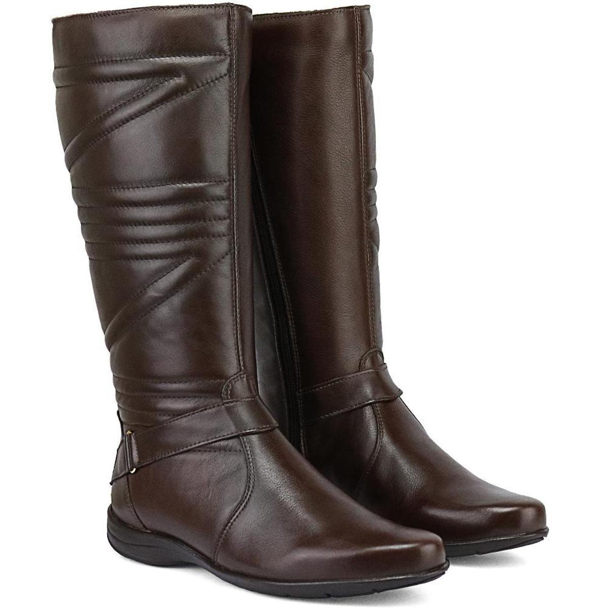 Bota Feminina Montaria em Couro ShoesFran Cano Alto Rasteira Salto Baixo Zíper Lateral Menor preço em Bota Feminina Montaria em Couro ShoesFran Cano Alto Rasteira Salto Baixo Zíper Lateral