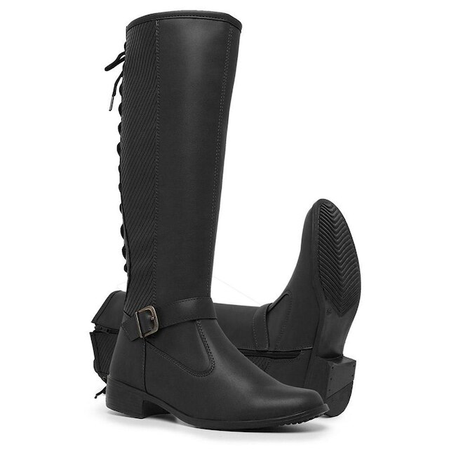 Bota Feminina Over The Knee Com Regulagem Na Panturrilha Com Ziper Lateral Salto Baixo