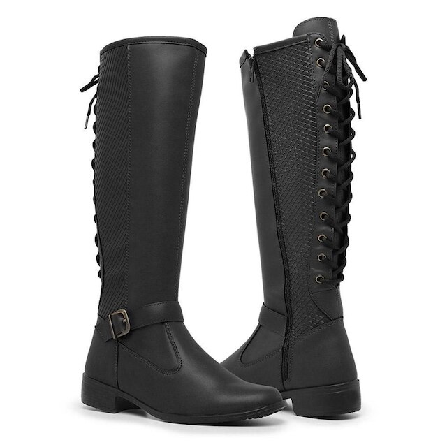 Bota Feminina Over The Knee Com Regulagem Na Panturrilha Com Ziper Lateral Salto Baixo