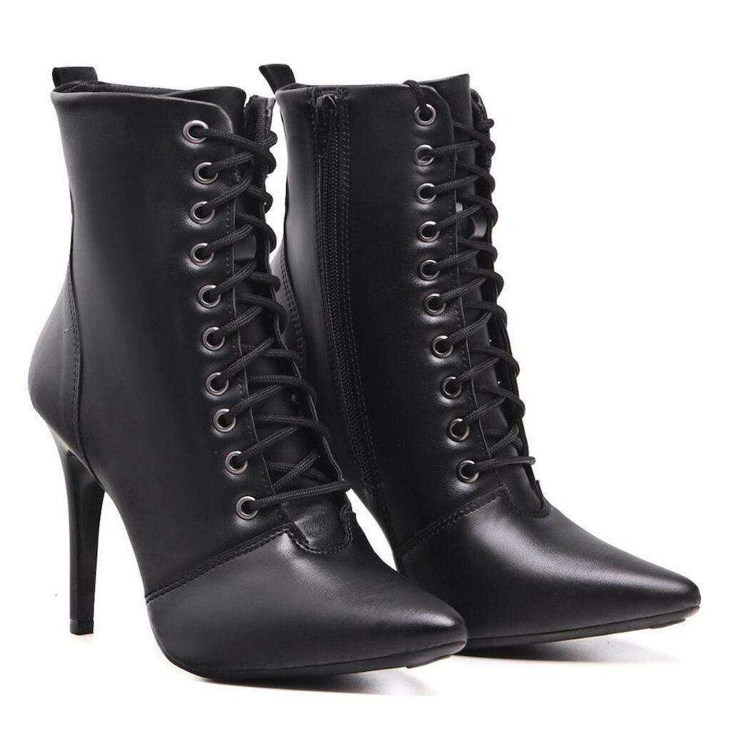 Bota Feminina Salto Alto Bico Fino Cadarço Conforto Casual