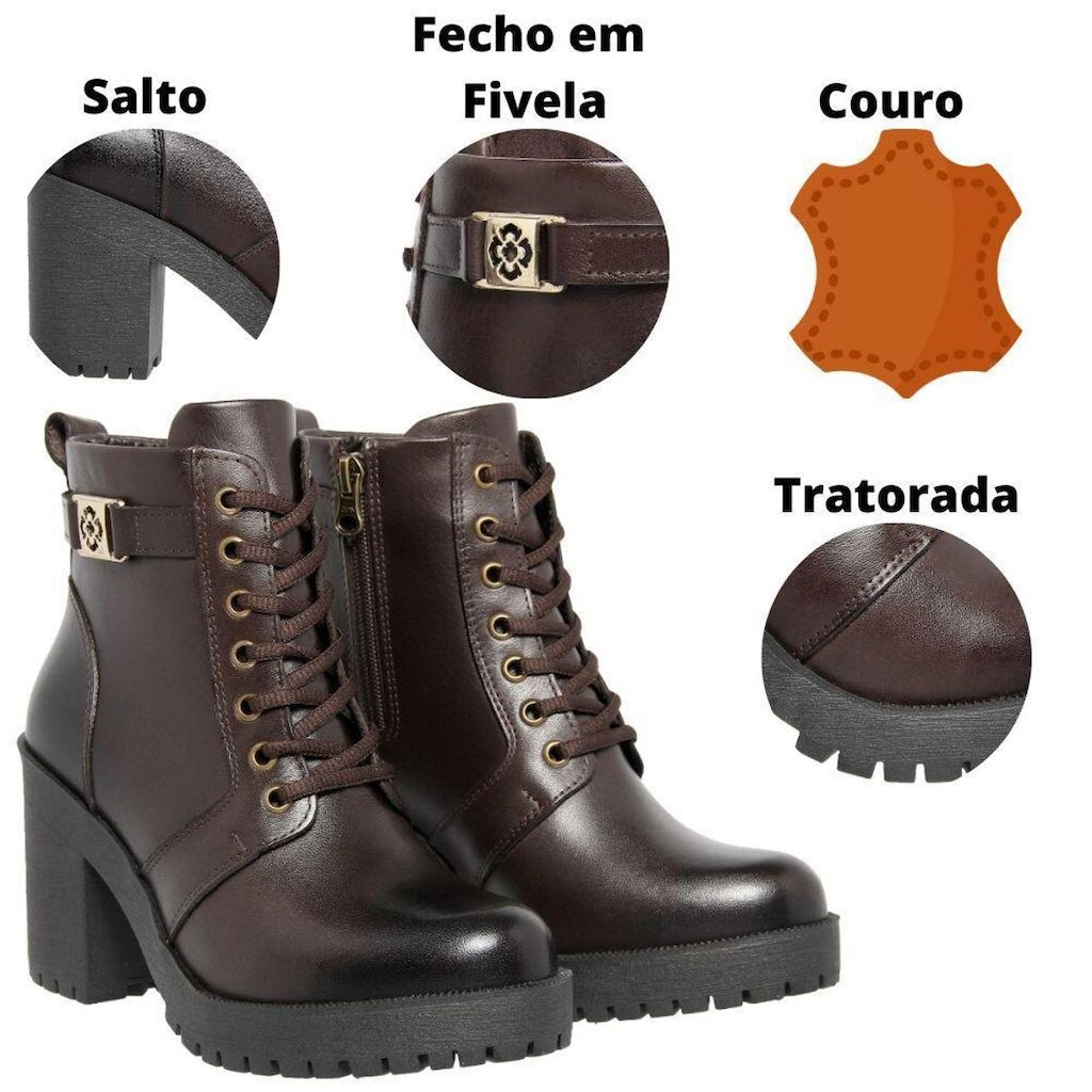 Bota Feminina Salto Fivela Cadarço Tratorada em Couro