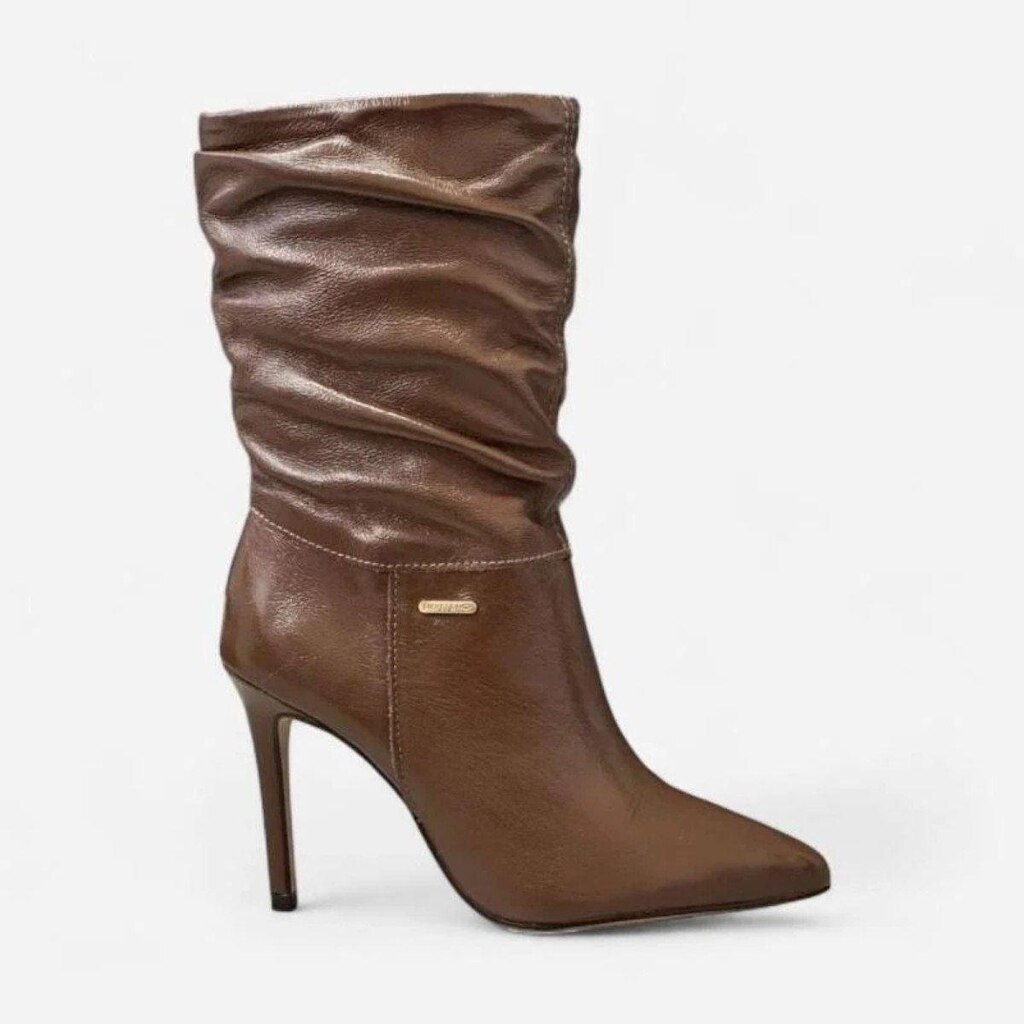 Bota Feminina Slouch Couro Cano Curto Salto Fino Bottero - Marrom/Café