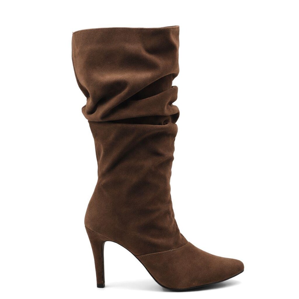 Bota Feminina Slouch Salto Fino Alto Camurca Elegante