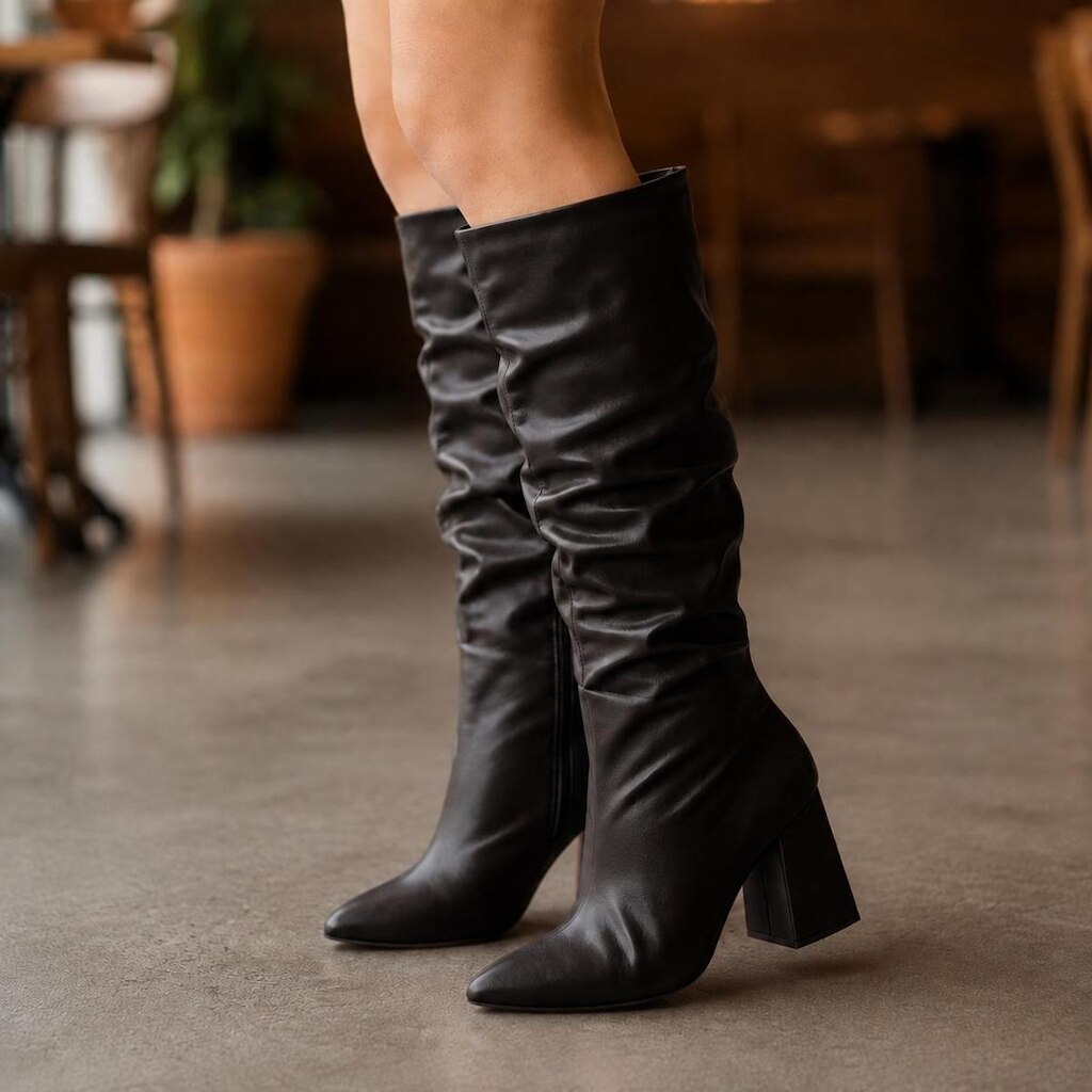 Bota Feminina Slouchy Franzida Cano Longo Salto Alto Grosso Bloco 9cm