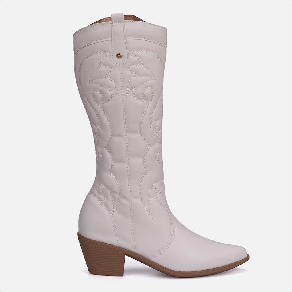 Bota Feminina Texana Cano Alto Western Bordada Com Bico Fino