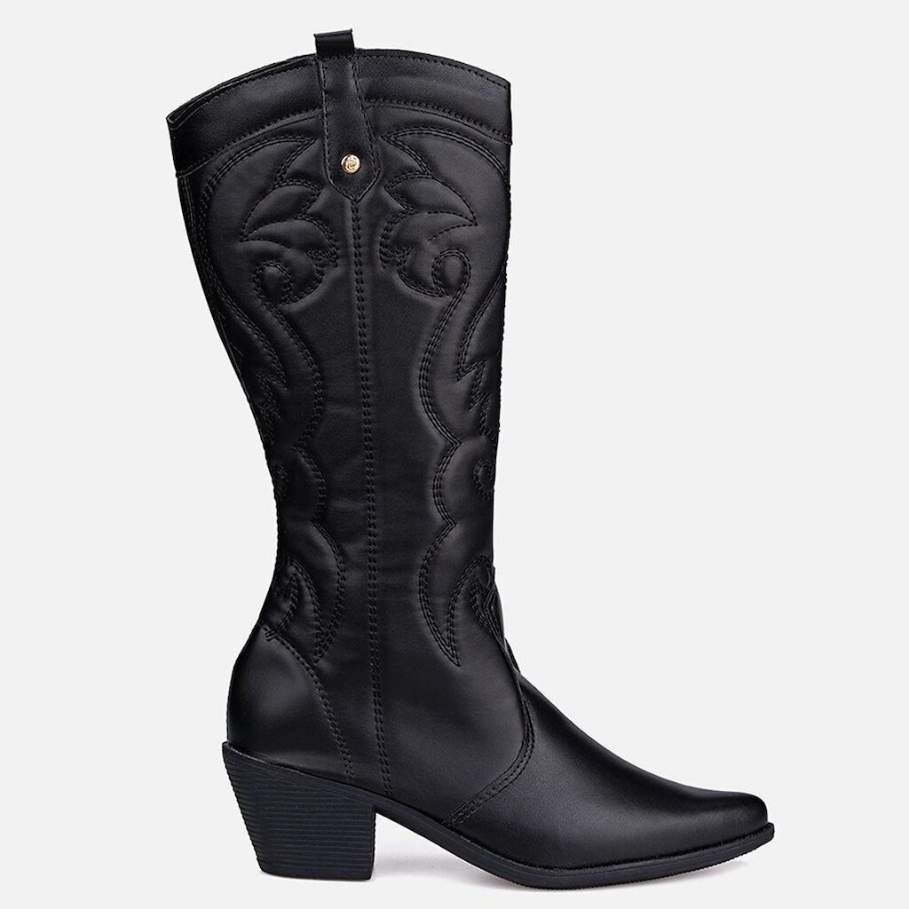 Bota Feminina Texana Cano Alto Western Bordada Com Bico Fino