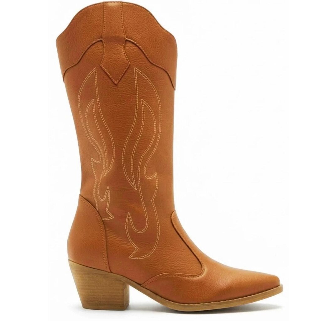 Bota Feminina Texana Country Cano Alto Bico Fino Salto Bloco Western Bordada Moda Boho
