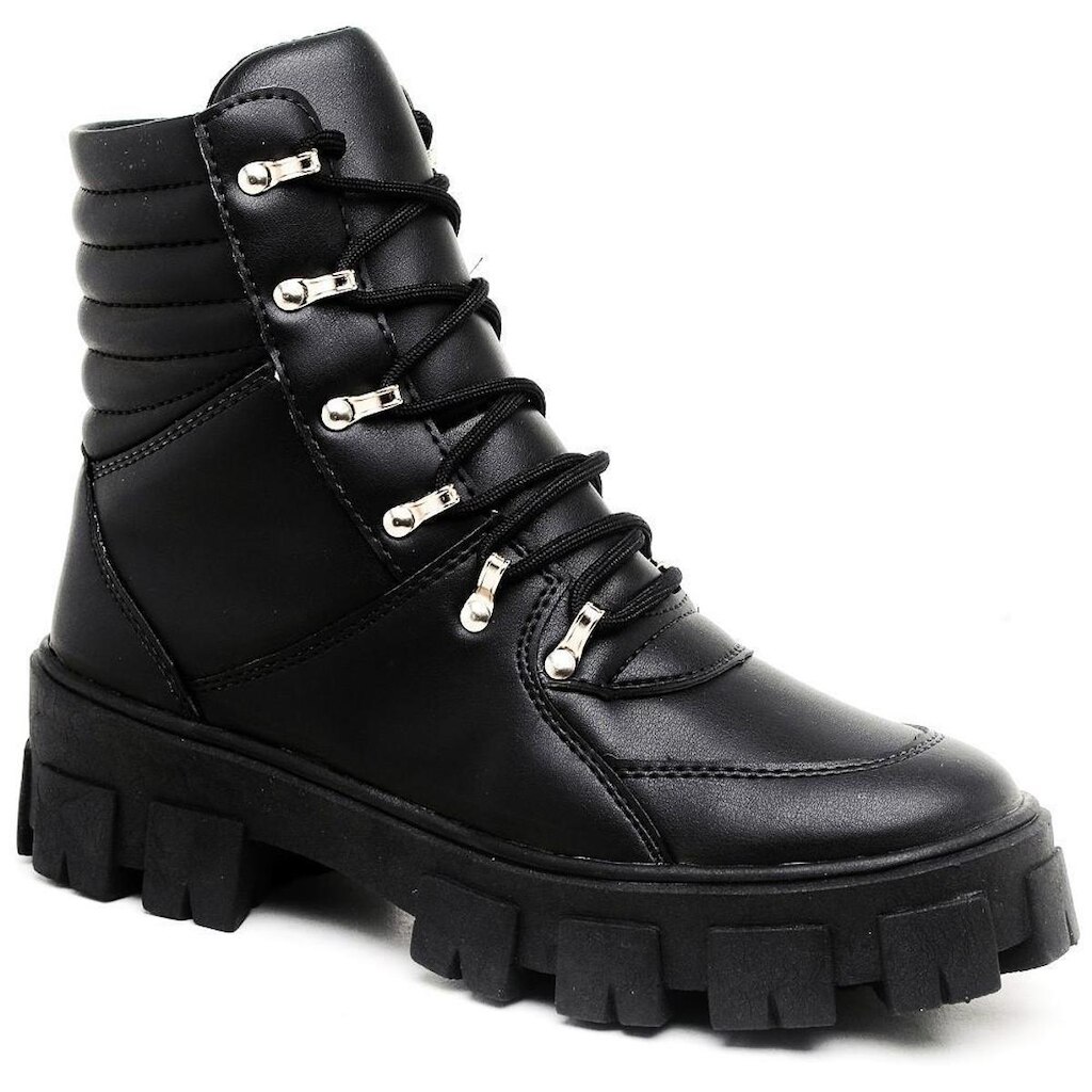 Bota Feminina Tratorada Cadarço Cano Médio Moderna Conforto