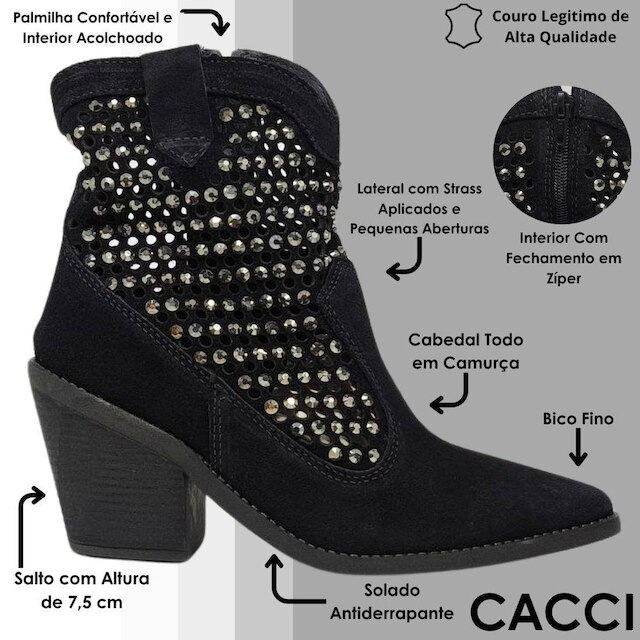 Bota Feminina Western Country Strass Boho Conforto Cacci