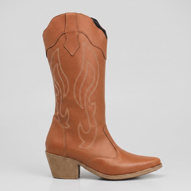Bota Feminina Western Country Texana Cano Alto Salto Bloco Bordada