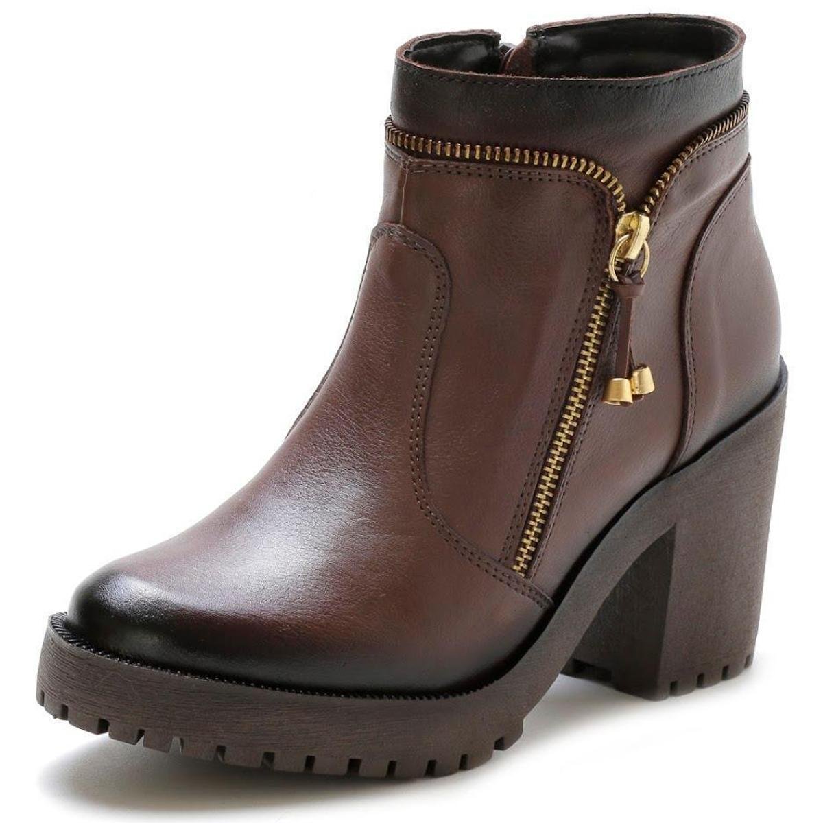 Bota Feminino Couro Salto Tratorado Zíper LateralAgnes Veronez - Marrom Escuro Menor preço em Bota Feminino Couro Salto Tratorado Zíper LateralAgnes Veronez - Marrom Escuro