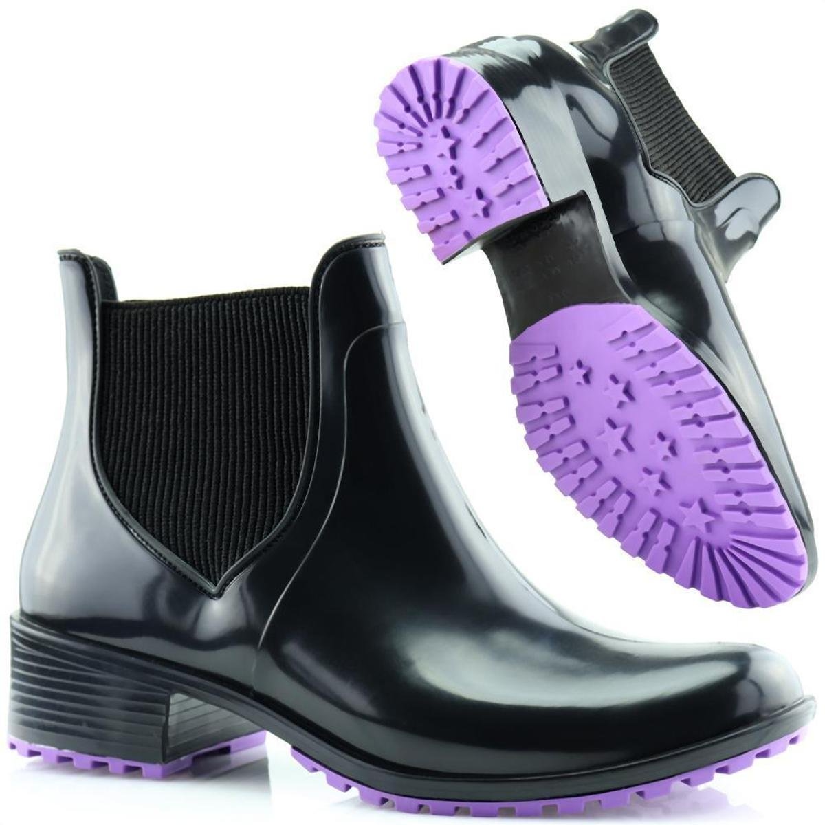Bota Galocha Impermeável Feminina Cano Médio Preto e Lilas - Roxo Menor preço em Bota Galocha Impermeável Feminina Cano Médio Preto e Lilas - Roxo