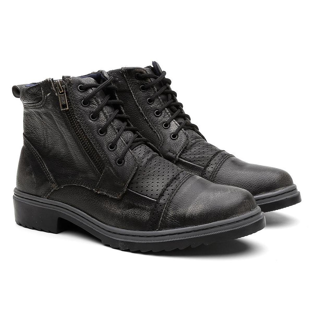 Bota HShoes Coturno Couro Cano Médio Zíper Lateral Masculina - Preto Menor preço em Bota HShoes Coturno Couro Cano Médio Zíper Lateral Masculina - Preto