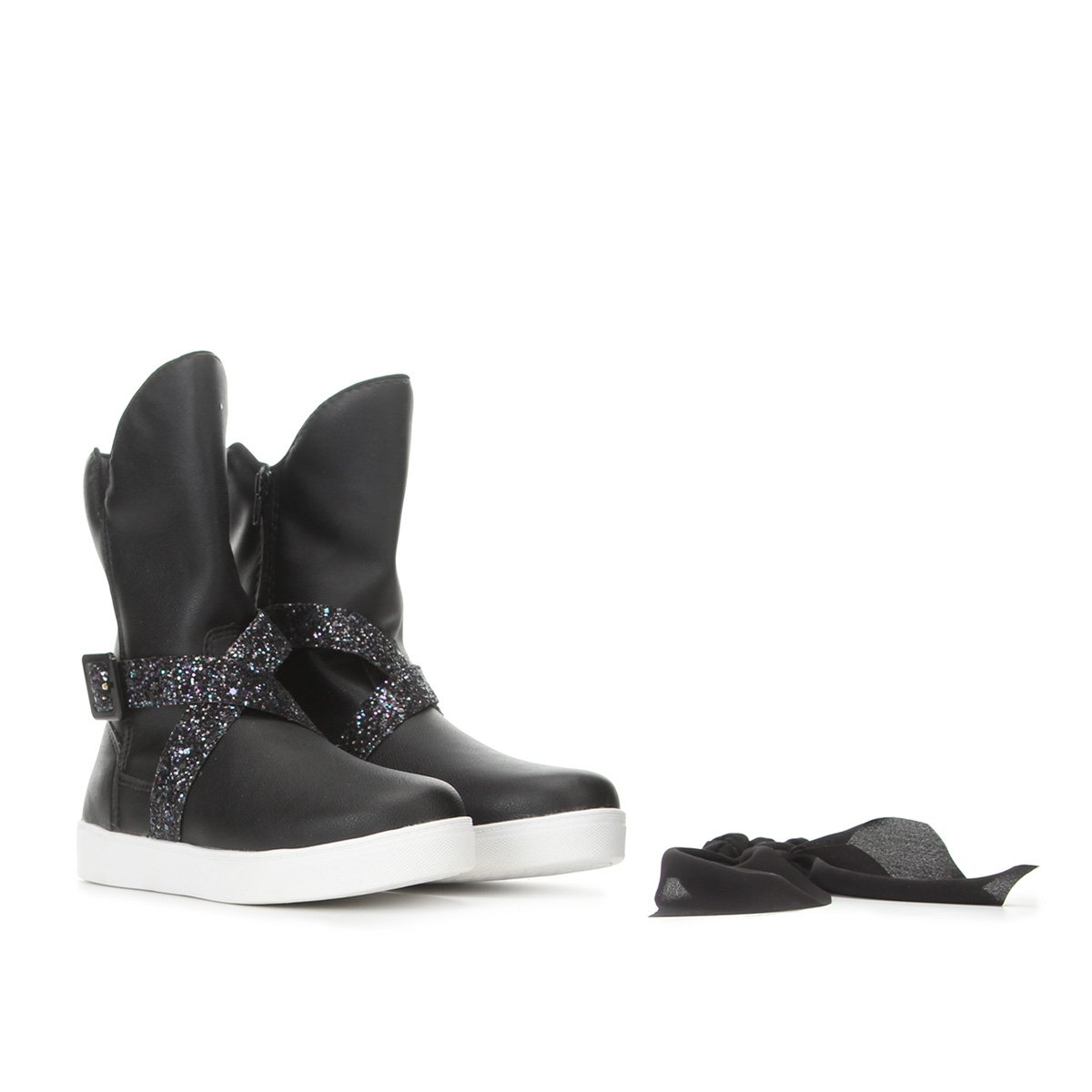 Bota Infantil Cano Médio Tininha Tira Gliter Com Lenço De Cabelo Feminina - Preto Menor preço em Bota Infantil Cano Médio Tininha Tira Gliter Com Lenço De Cabelo Feminina - Preto