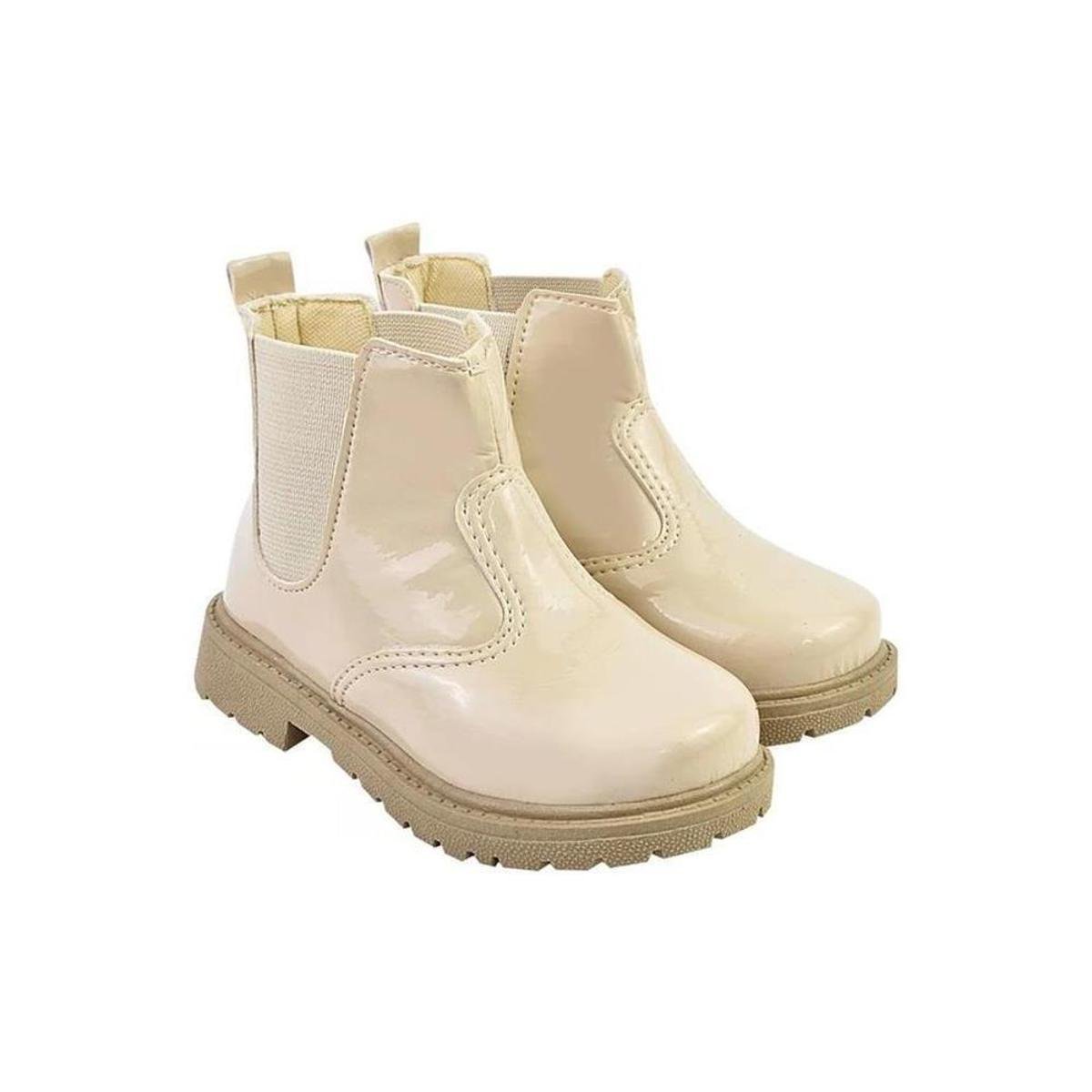 Bota Infantil Feminina Chelsea Verniz Conforto Moderna - Bege Menor preço em Bota Infantil Feminina Chelsea Verniz Conforto Moderna - Bege