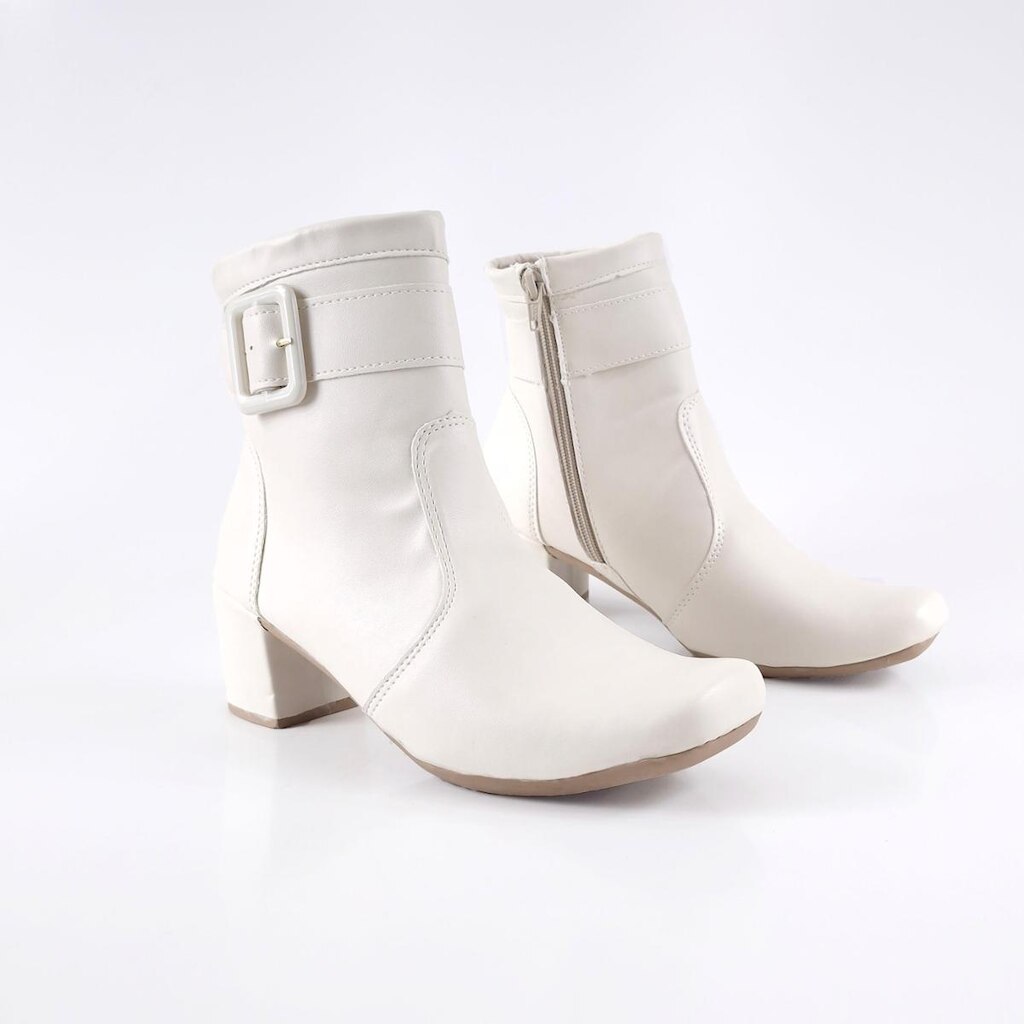 Bota Lg Camilla Calçados Casual Detalhe Fivela Zíper Bico Quadrado Salto Grosso Bloco Feminina