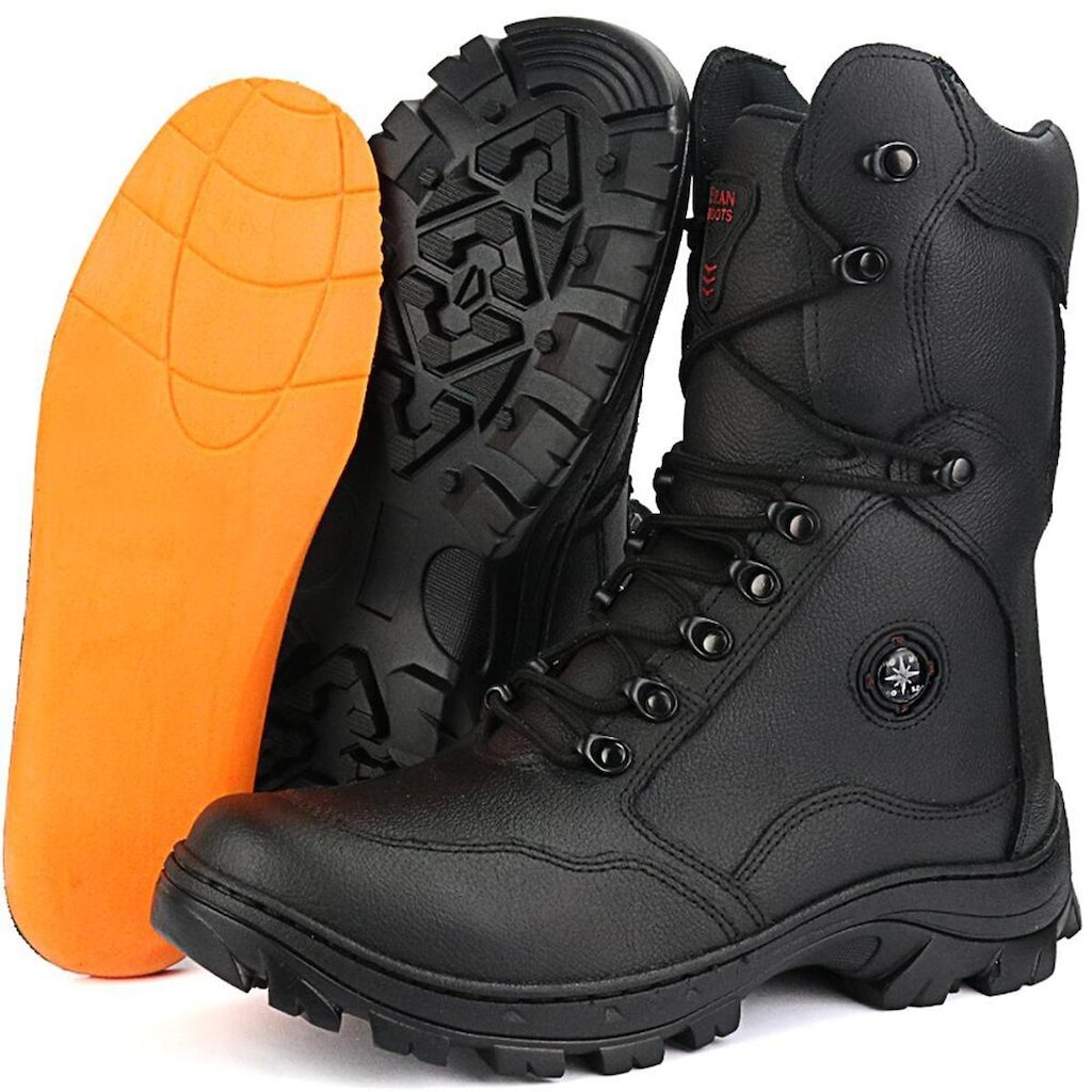 Bota Masculina Coturno Preto Em Couro Solado Tratorado Cadarço Militar Adventure