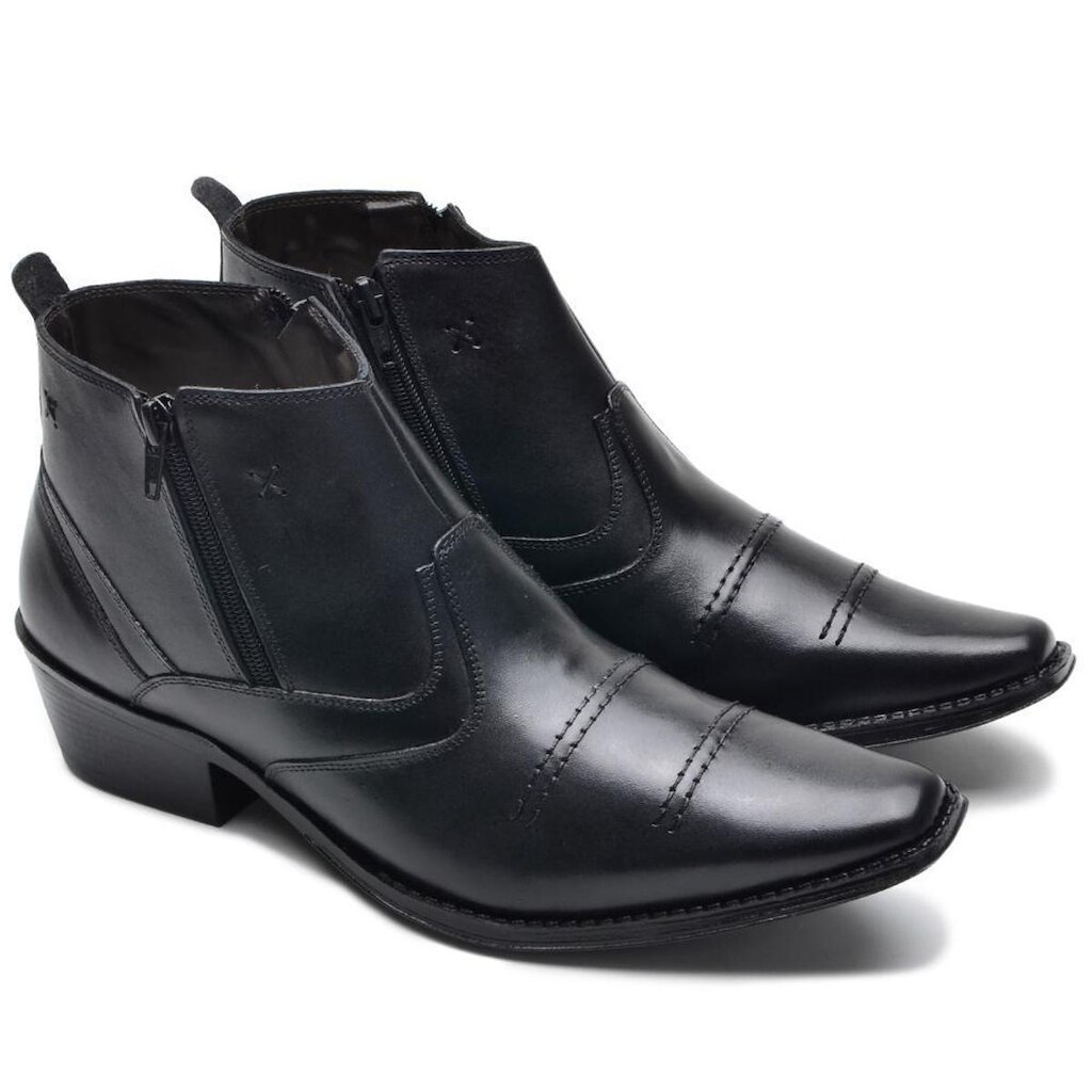 Bota Masculina Country Cano Curto Bico Fino Blaqueado Zíper