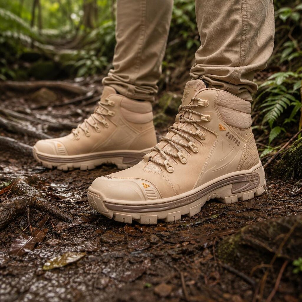 Bota Masculina Couro Bege Nobre Legitimo Coturno Tatico Reforçado Solado Tratorado Resistente Leve