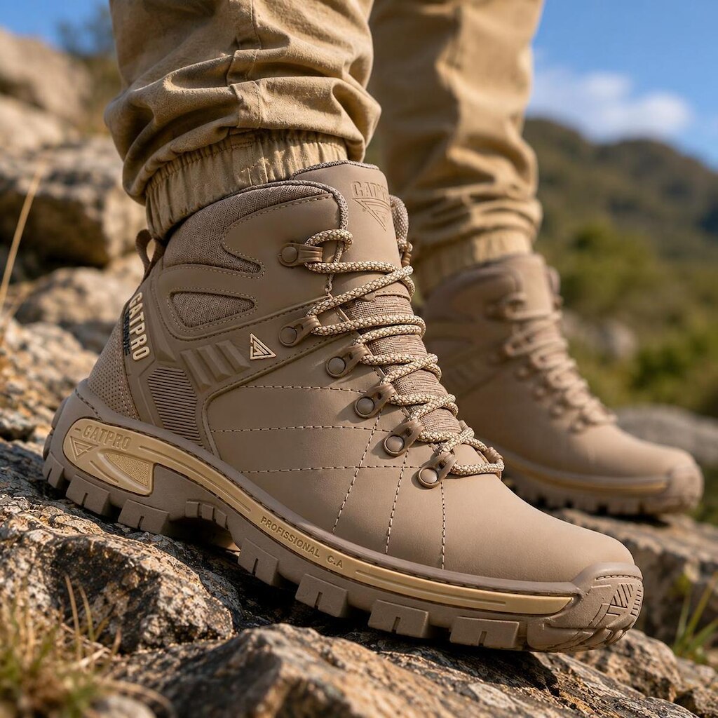 Bota Masculina Couro Verdadeiro Tática Trabalho Trilha Leve Cano Médio Resistente Coturno