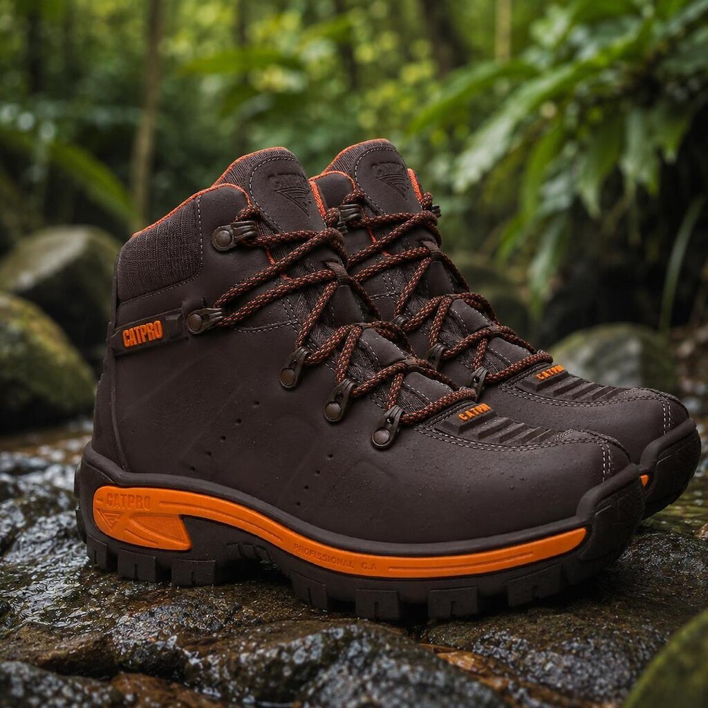 Bota Masculina Marrom CATPRO Couro Legítimo Cano Médio Solado Antiderrapante Resistente Forte e leve