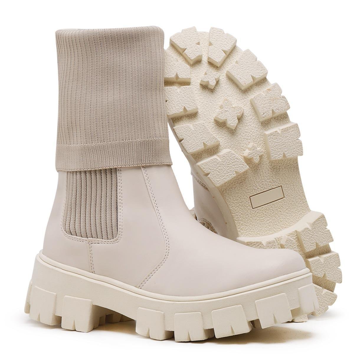 Bota Meia Tratorada Feminina Off White Mr.F - Off White Menor preço em Bota Meia Tratorada Feminina Off White Mr.F - Off White