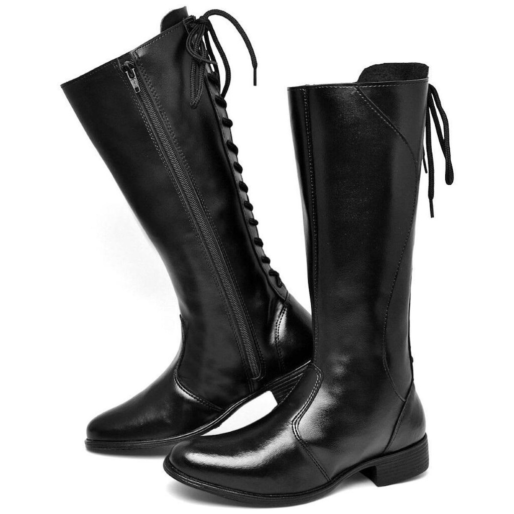 Bota Montaria Feminina Cano Alto Fechamento Ziper e Cadarço Salto Baixo Confortavel Inverno Basica