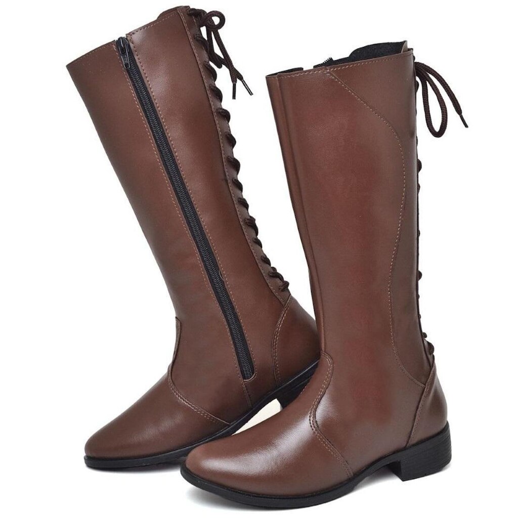 Bota Montaria Feminina Cano Alto Fechamento Ziper e Cadarço Salto Baixo Confortavel Inverno Basica