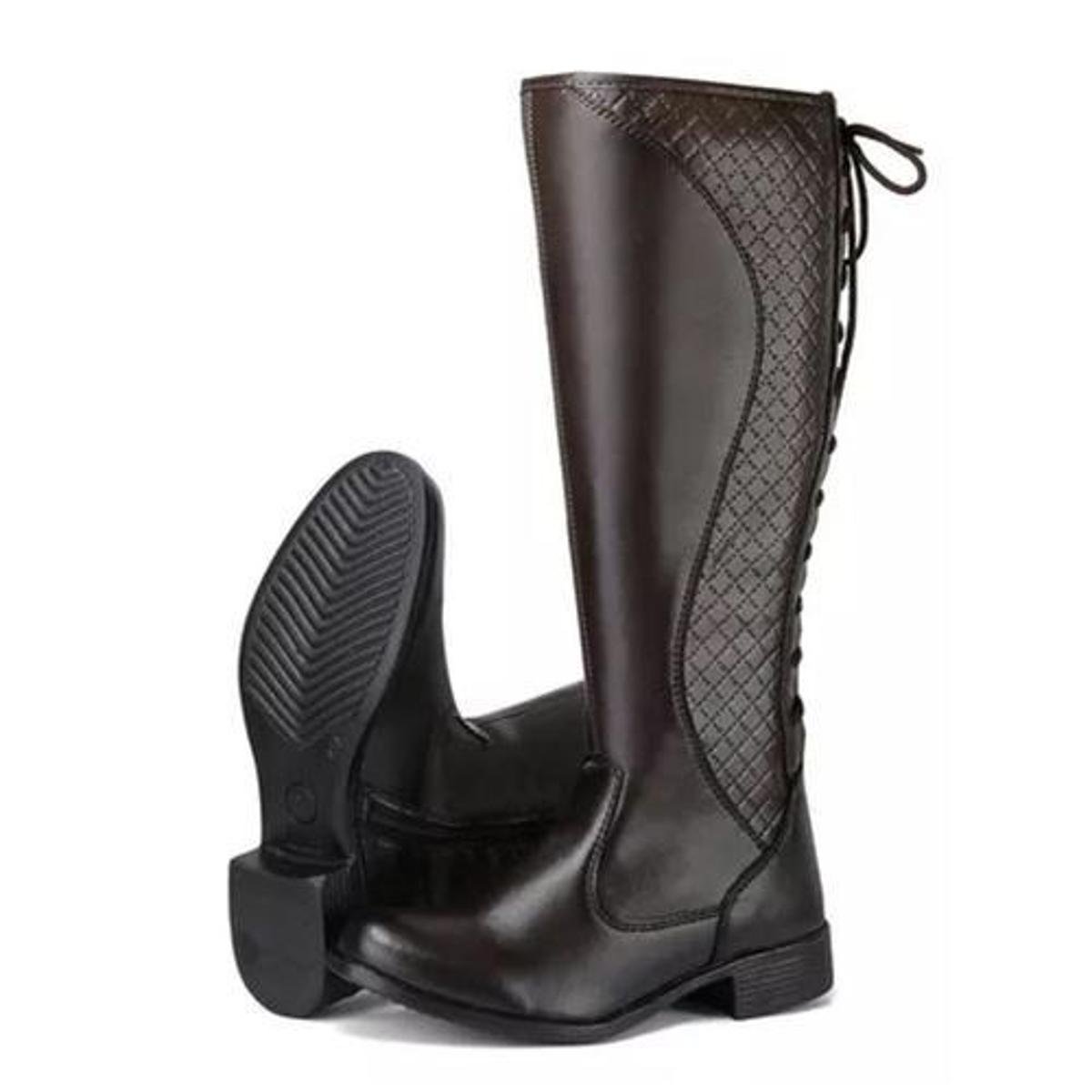 Bota Montaria Feminina Cano Alto Salto Baixo Rasteiro Confortável - Marrom Menor preço em Bota Montaria Feminina Cano Alto Salto Baixo Rasteiro Confortável - Marrom