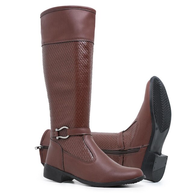 Bota Montaria Feminina Cano Longo Salto Baixo Com Ziper Lateral Bico Redondo Confortável e Macia