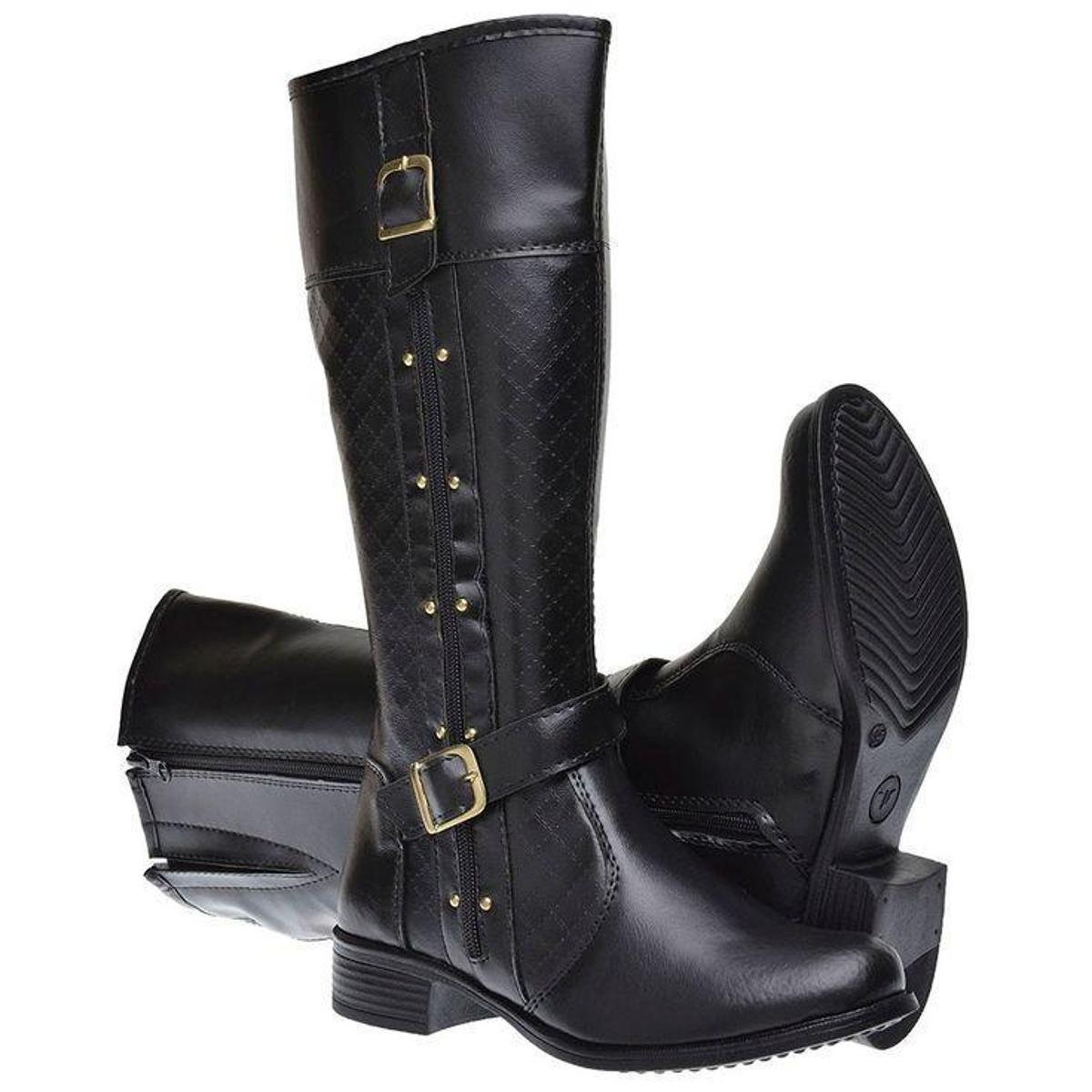Menor preço em Bota Montaria Feminina Metalasse Cano Longo Salto Baixo Zíper Fivela Lateral Confortável - Preto