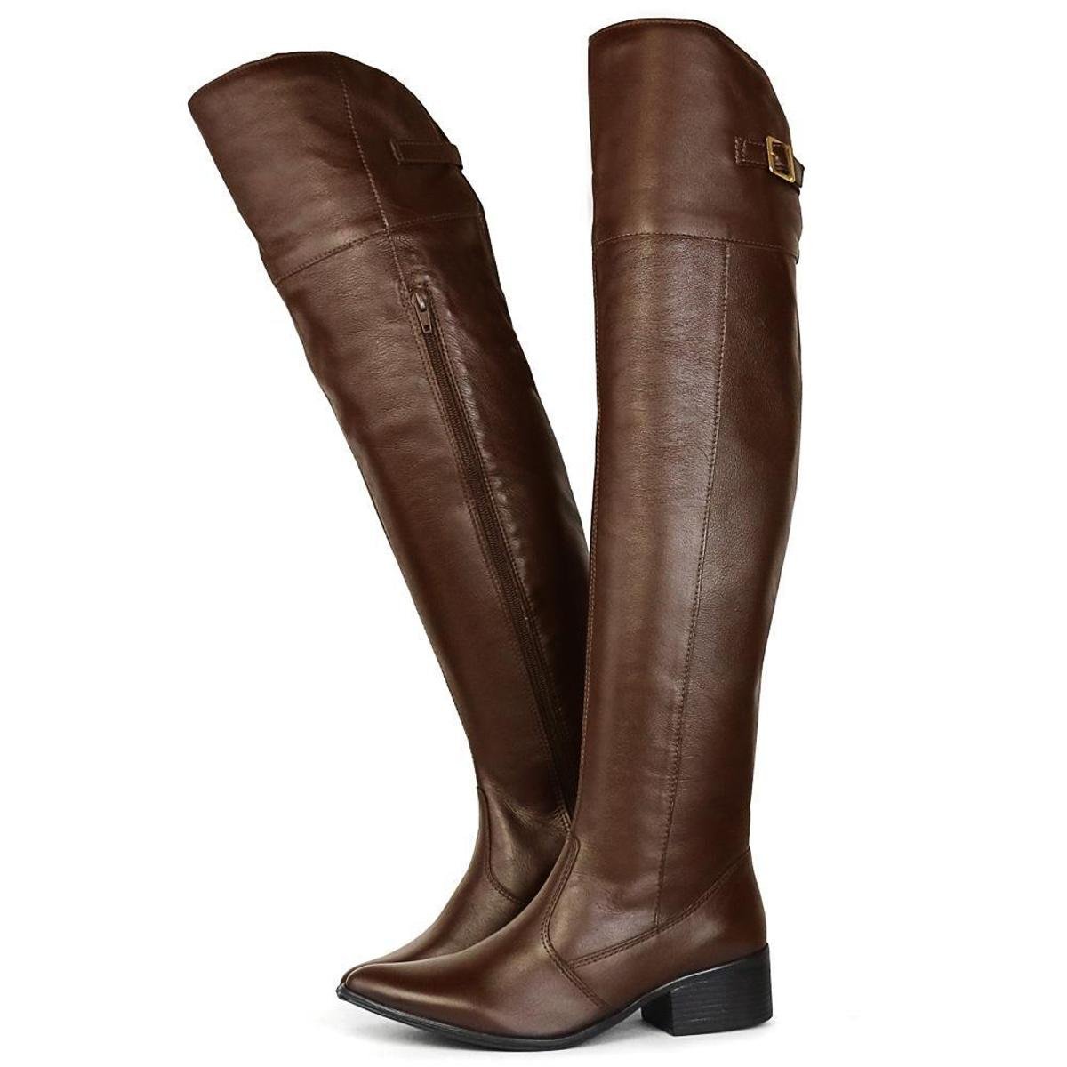 Bota Montaria Feminina Over The Knee em Couro com Zíper - Café Menor preço em Bota Montaria Feminina Over The Knee em Couro com Zíper - Café