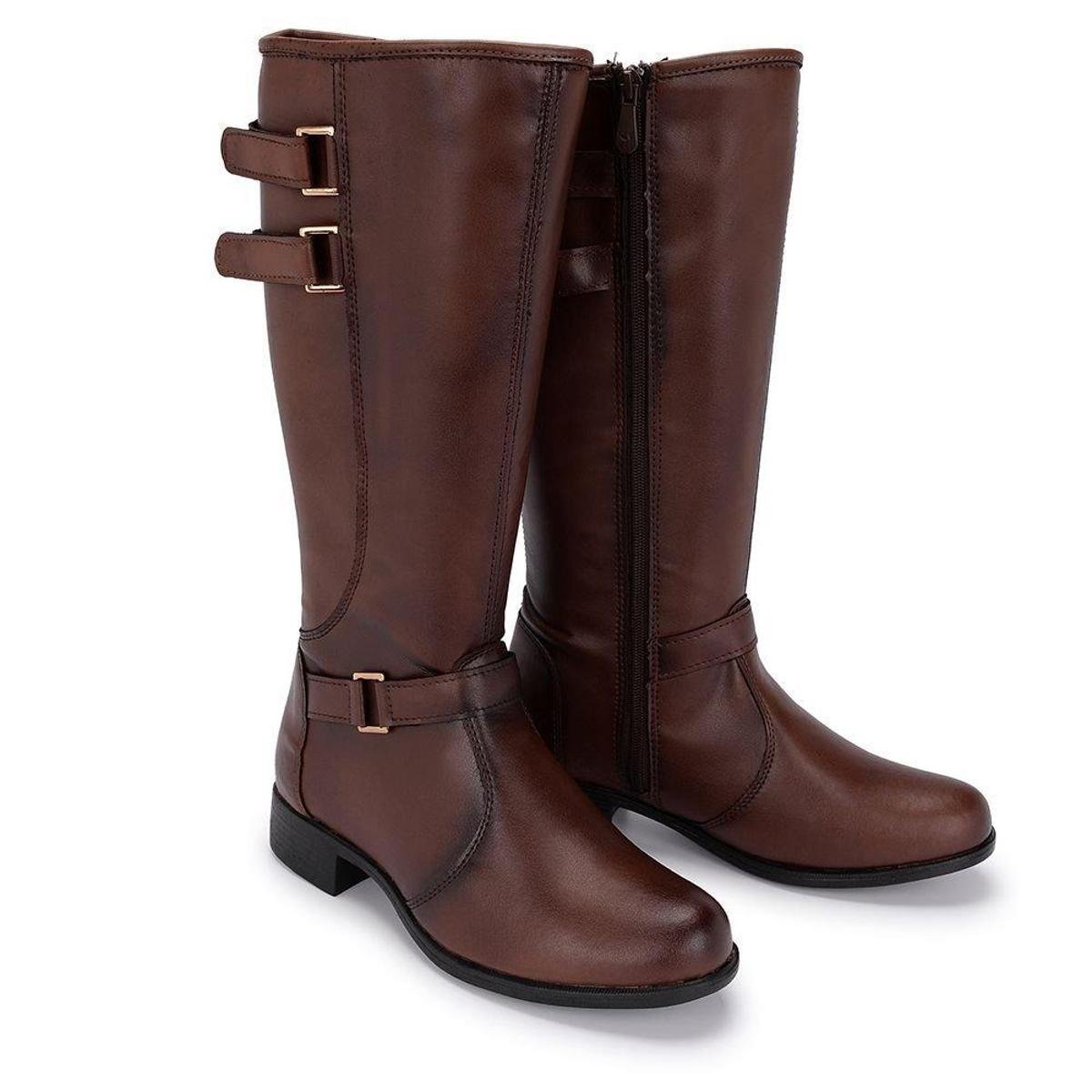 Bota Schiareli Montaria de Cano Alto Fivelas Feminina - Marrom Claro Menor preço em Bota Schiareli Montaria de Cano Alto Fivelas Feminina - Marrom Claro