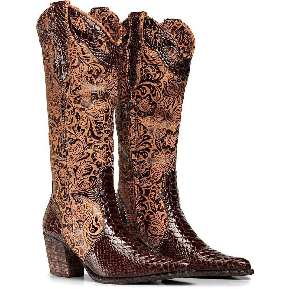 Bota Texana Country Capelli Anaconda Couro com Zíper na Lateral Feminina - Café Menor preço em Bota Texana Country Capelli Anaconda Couro com Zíper na Lateral Feminina - Café