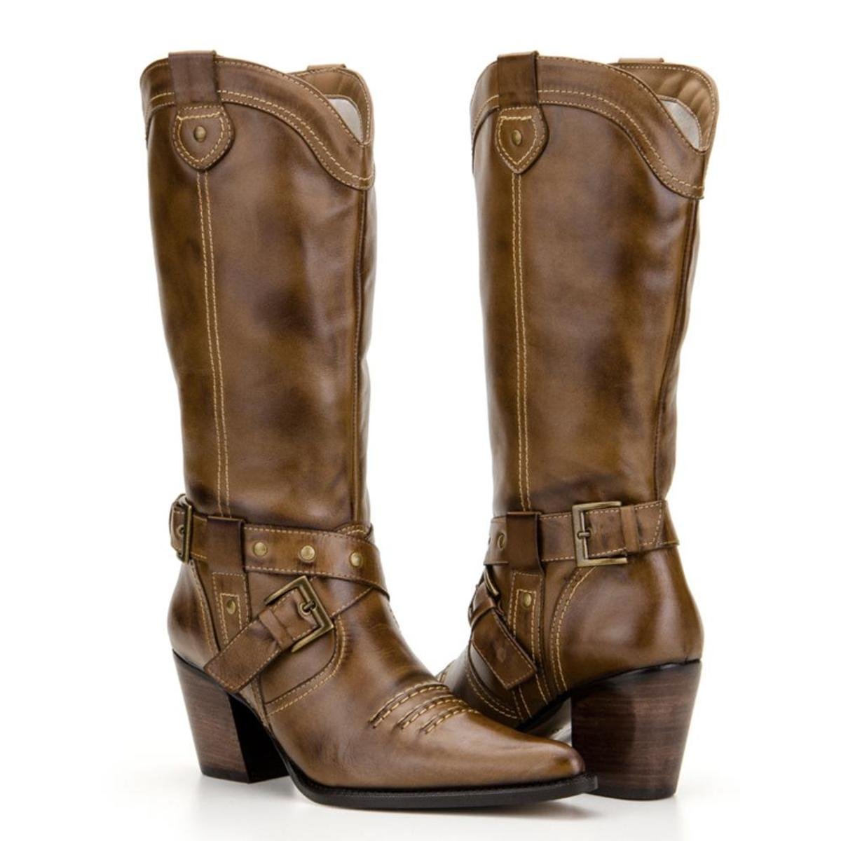 Bota Texana Country Capelli Boots em Couro com Fivelas Feminina - Marrom Menor preço em Bota Texana Country Capelli Boots em Couro com Fivelas Feminina - Marrom
