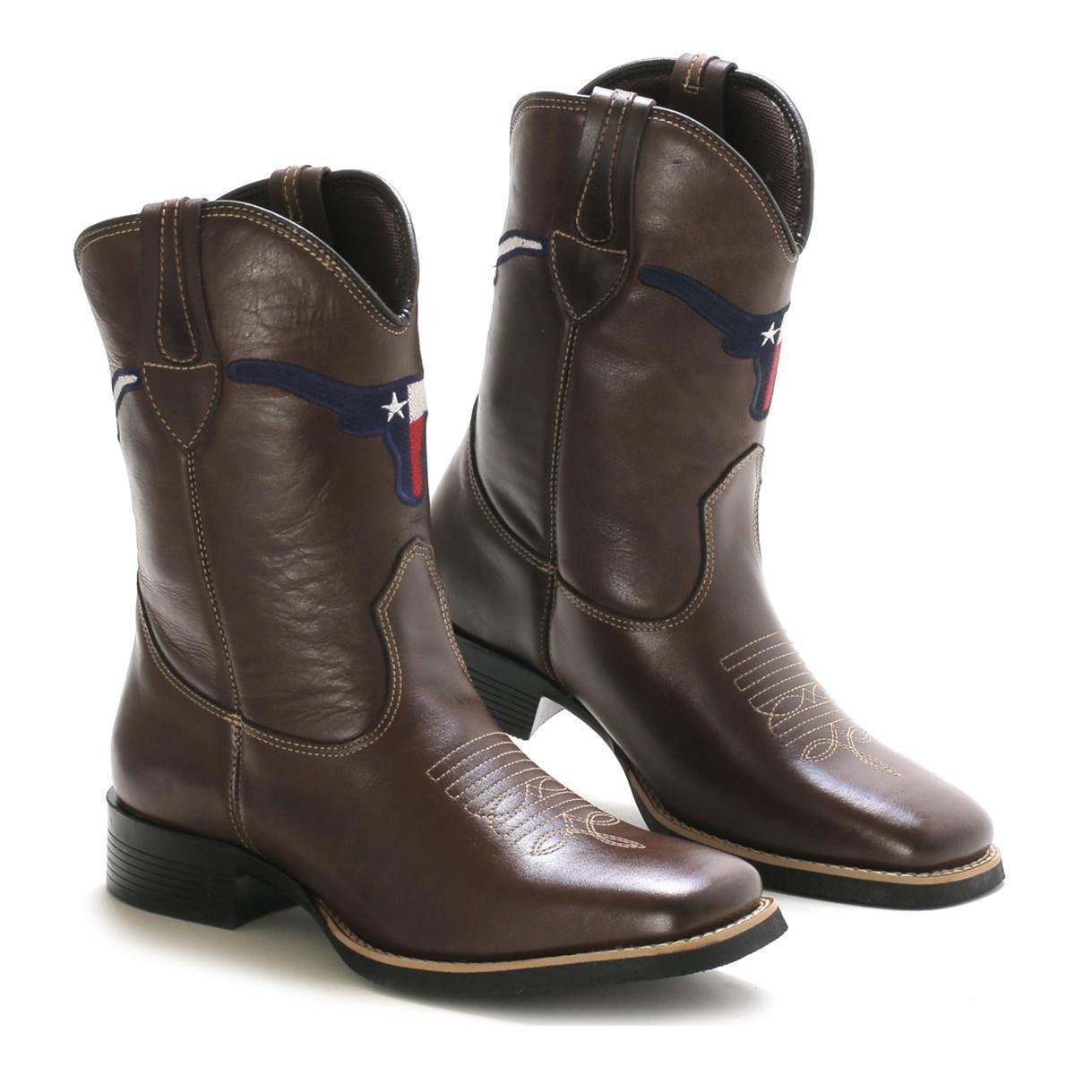 Bota Texana Country Couro Bordada Touro Cano Alto Lookstock Masculina - Café Menor preço em Bota Texana Country Couro Bordada Touro Cano Alto Lookstock Masculina - Café