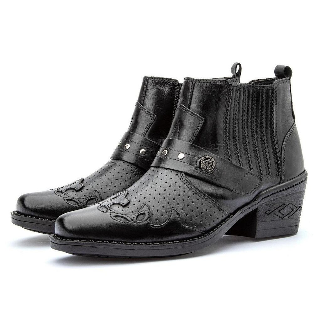 Bota Texana Country Masculina Couro Elastico Lateral Detalhe Aplique Fivela Cavalo Festa do Peao
