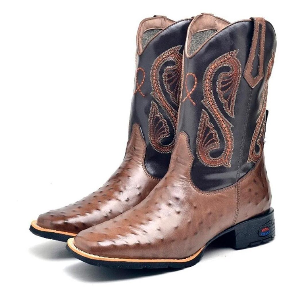 Bota Texana Em Couro Masculino Com Bico Quadrado E Detalhes Texturizados