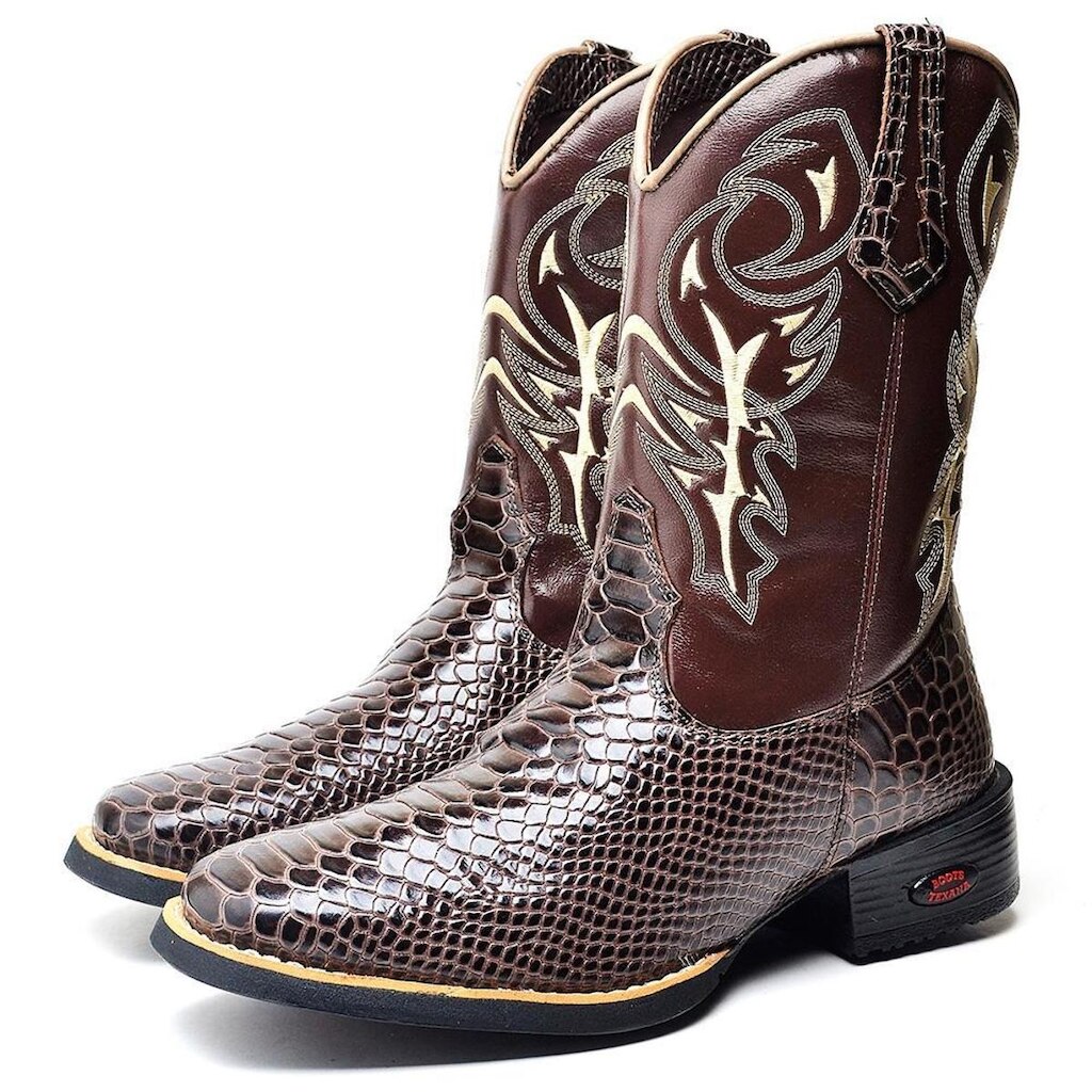 Bota Texana Masculino Com Bico Redondo Detalhes Em Escamas e Costuras