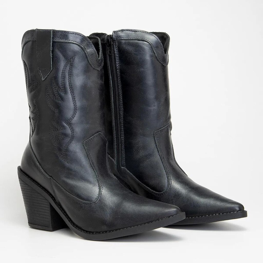 Bota Western Feminina Cano Médio  Couro Salto Bloco e Zíper Lateral