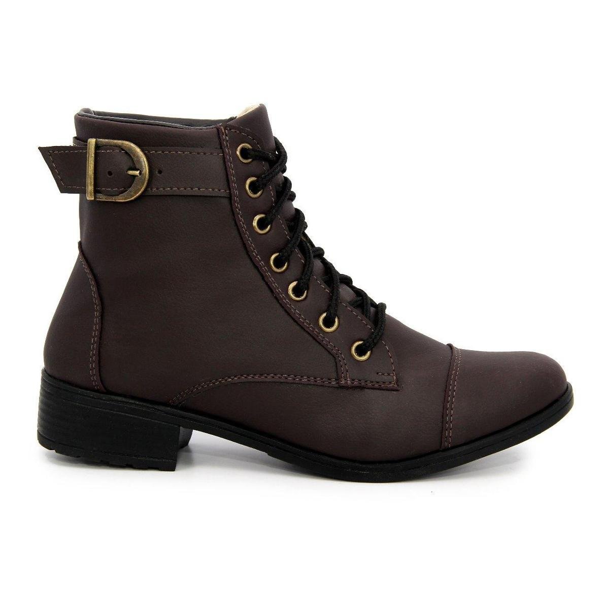 Botas Coturnos Femininos Cano Curto Fivela C/ Cadarço Ajustável Salto Baixo Menor preço em Botas Coturnos Femininos Cano Curto Fivela C/ Cadarço Ajustável Salto Baixo