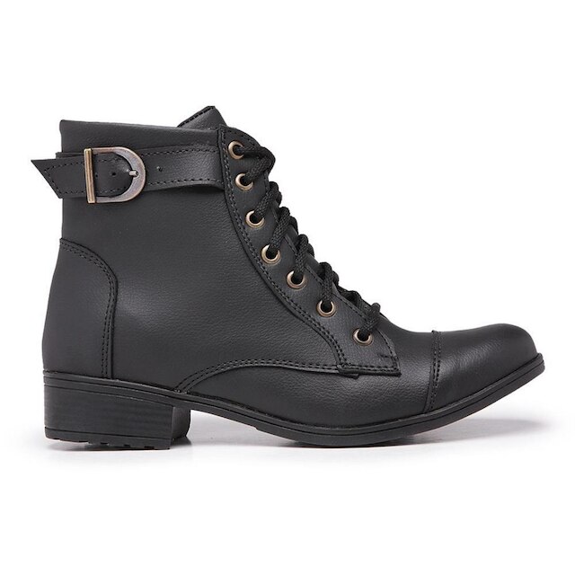 Botas Coturnos Femininos Cano Curto Fivela C/ Cadarço Ajustável Salto Baixo