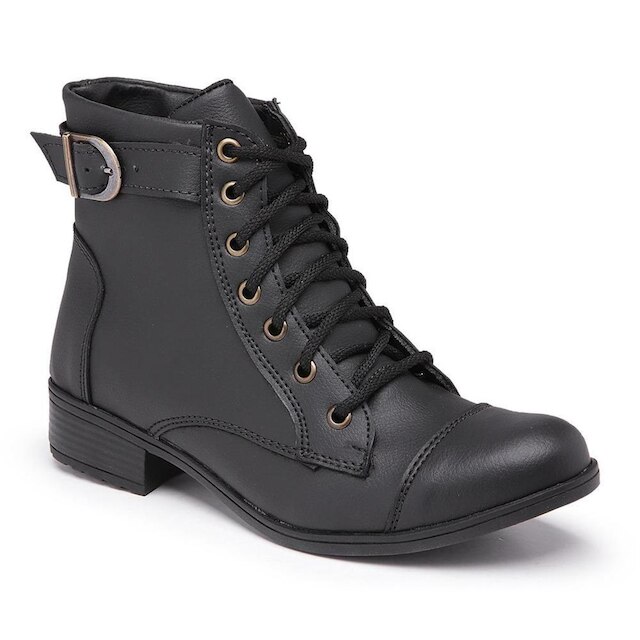 Botas Coturnos Femininos Cano Curto Fivela C/ Cadarço Ajustável Salto Baixo