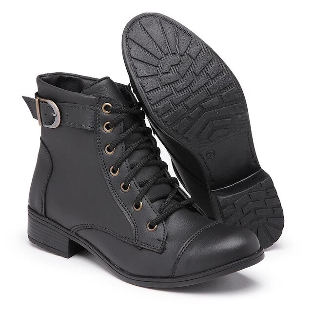 Botas Coturnos Femininos Cano Curto Fivela C/ Cadarço Ajustável Salto Baixo