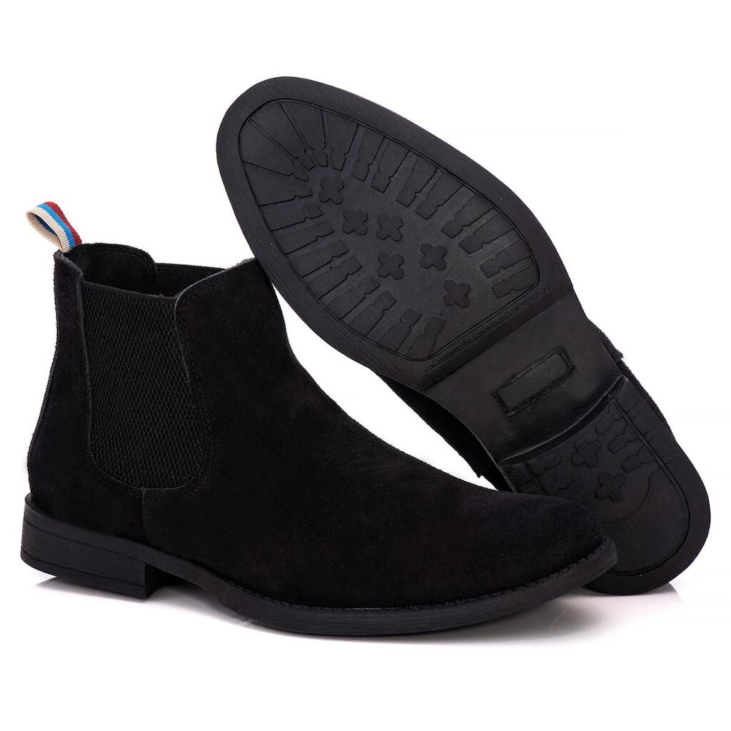 Botina Chelsea Areia Casual Masculina Couro Legítimo Camurça Costurada com Palmilha Gel
